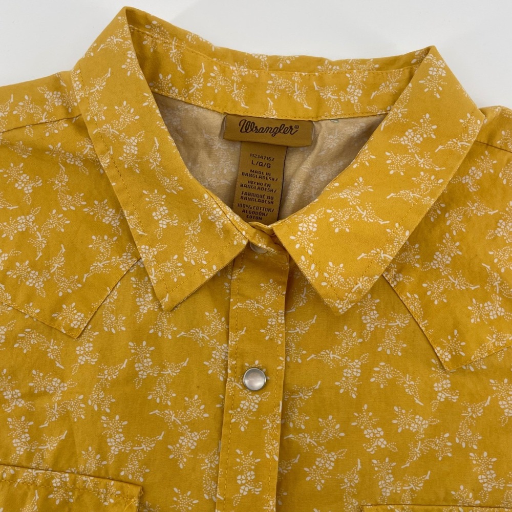 Wrangler Men's Mustard Yellow Floral Western Pearl Snap Shirt Short Sleeve L